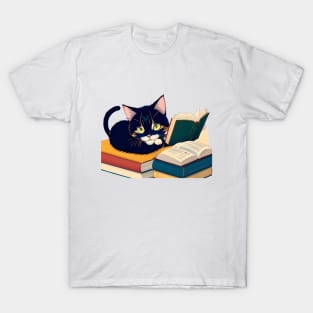 Funny Cute Kawaii Anime Book Reading Bookworm Cat T-Shirt